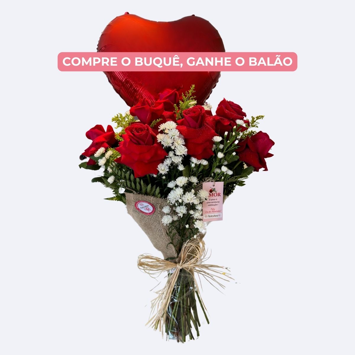 Buquê de 12 Rosas Vermelhas com Balão