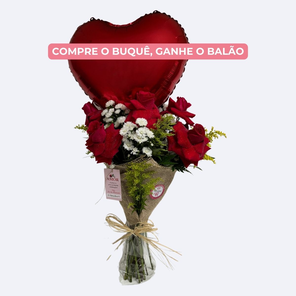 Buquê de 6 rosas vermelhas com balão de coração
