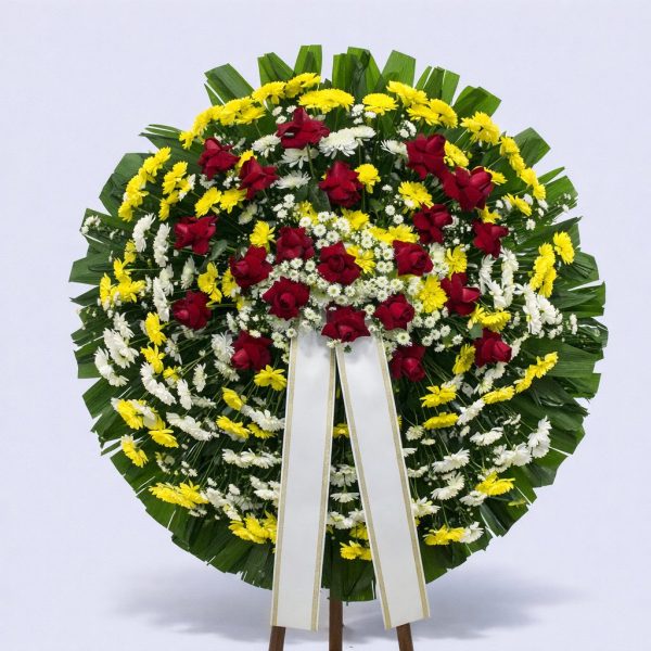 Coroa Fúnebre com Crisântemos, Flores do Campo Amarelas e Rosas Vermelhas