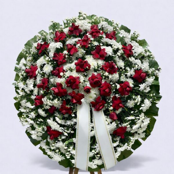 Coroa Fúnebre com Crisântemos e Rosas Vermelhas